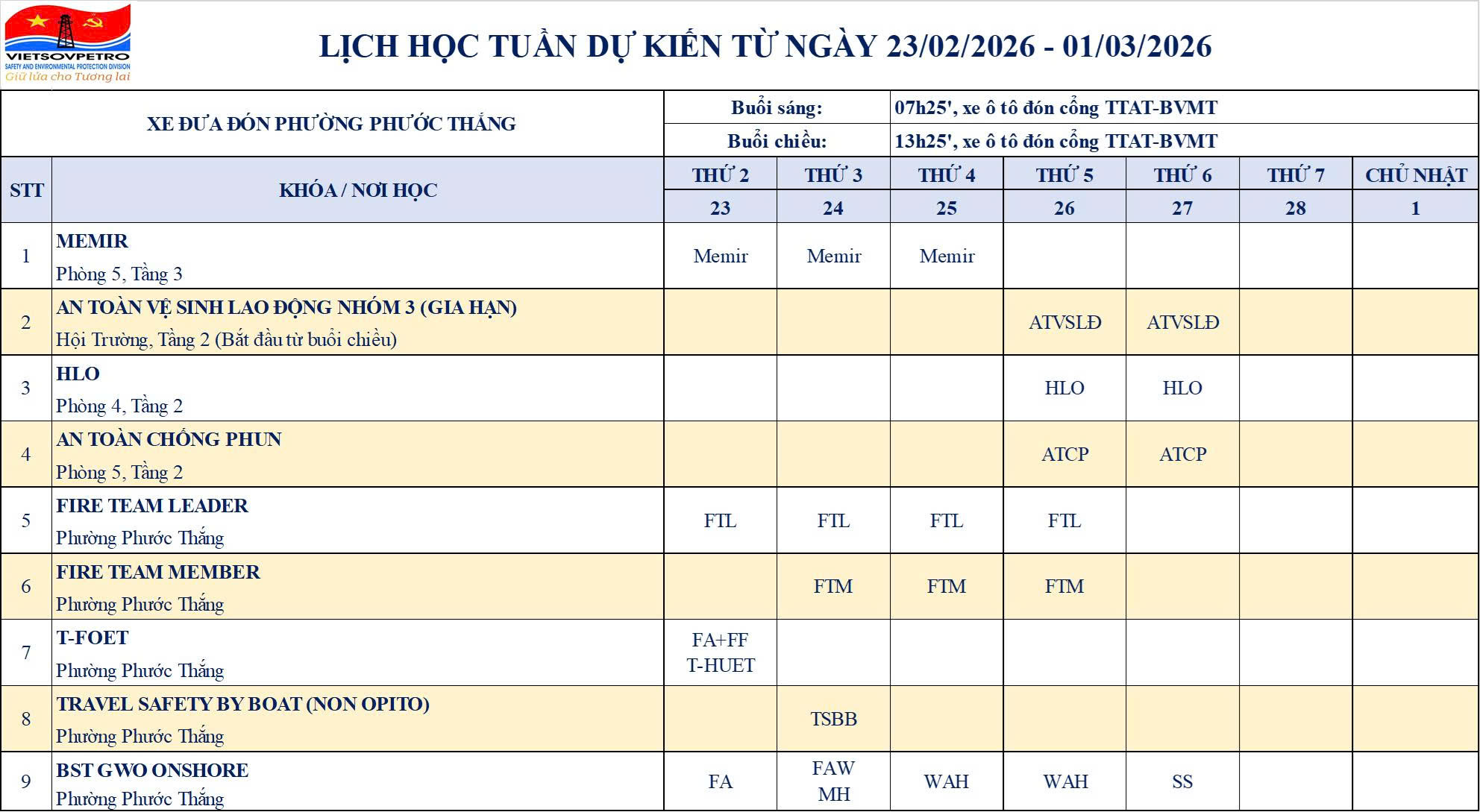 TTAT Vietsov - Trung tâm An toàn và Bảo vệ Môi trường Vietsovpetro LỊCH HỌC TUẦN DỰ KIẾN TỪ 23/2/2026 ĐẾN 01/3/2026