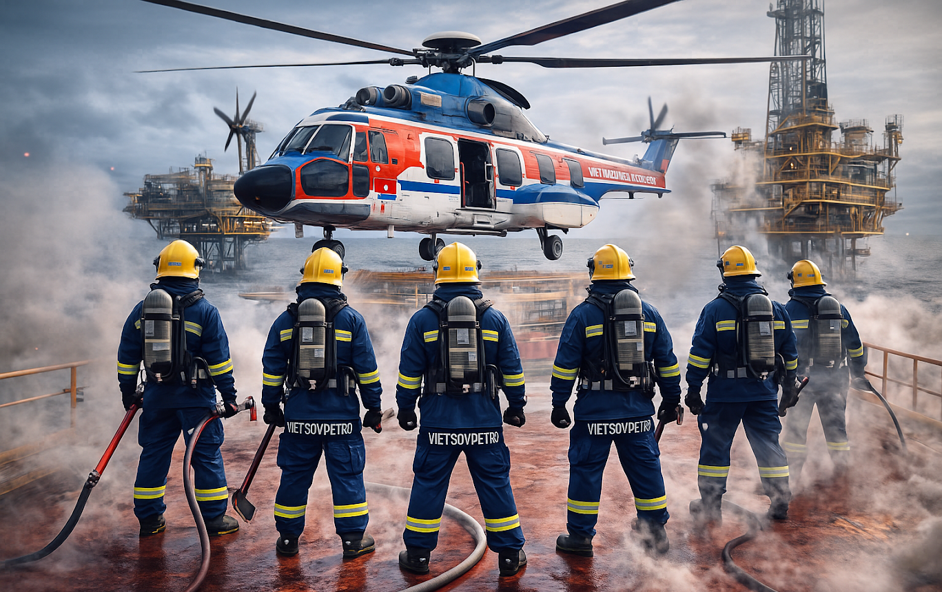 TTAT Vietsov - Trung tâm An toàn và Bảo vệ Môi trường Vietsovpetro TTAT - BVMT Vietsovpetro huấn luyện phương thức lên xuống trực thăng bằng tời cho lực lượng ứng cứu sự cố