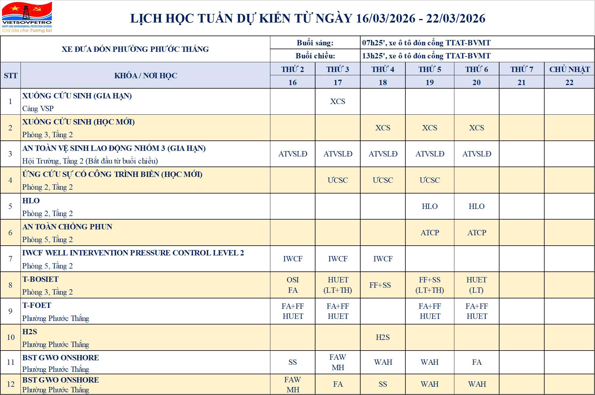 TTAT Vietsov - Trung tâm An toàn và Bảo vệ Môi trường Vietsovpetro Lịch đào tạo từ ngày 16.3.2026 đến 22.3.2026