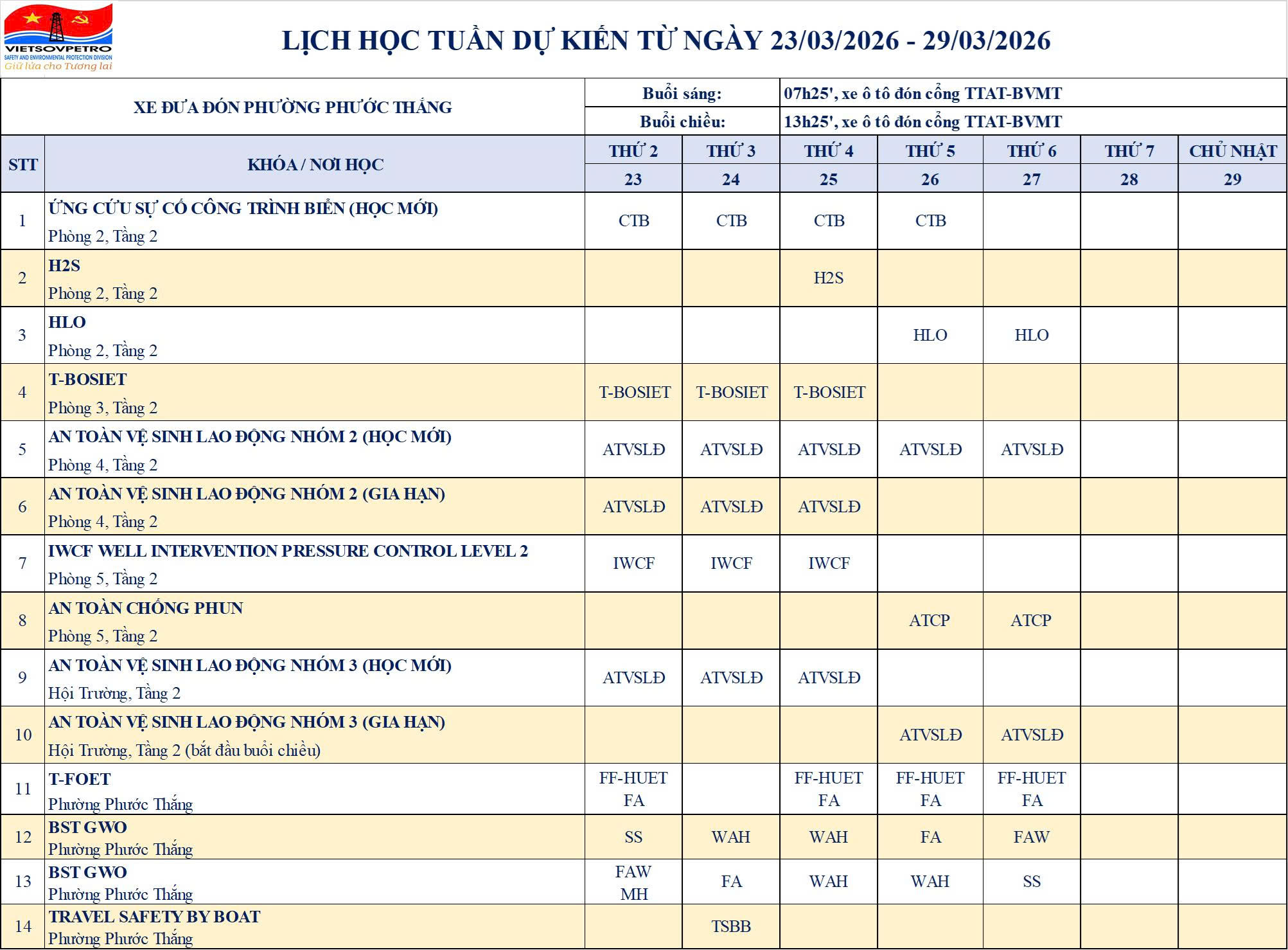 TTAT Vietsov - Trung tâm An toàn và Bảo vệ Môi trường Vietsovpetro Lịch đào tạo từ ngày 23.3.2026 đến 29.3.2026