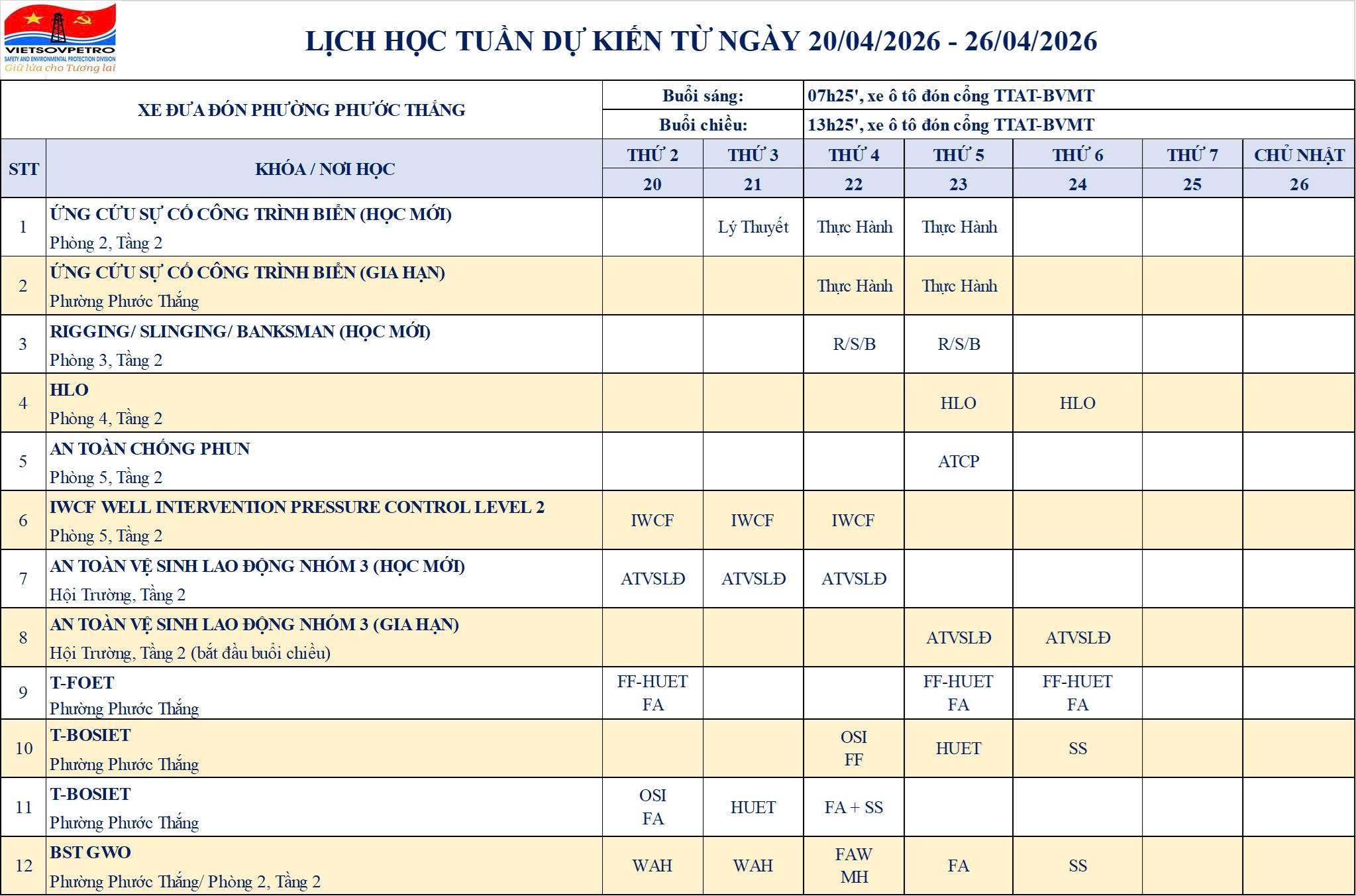 TTAT Vietsov - Trung tâm An toàn và Bảo vệ Môi trường Vietsovpetro Lịch đào tạo từ ngày 20.4.2026 đến 26.4.2026