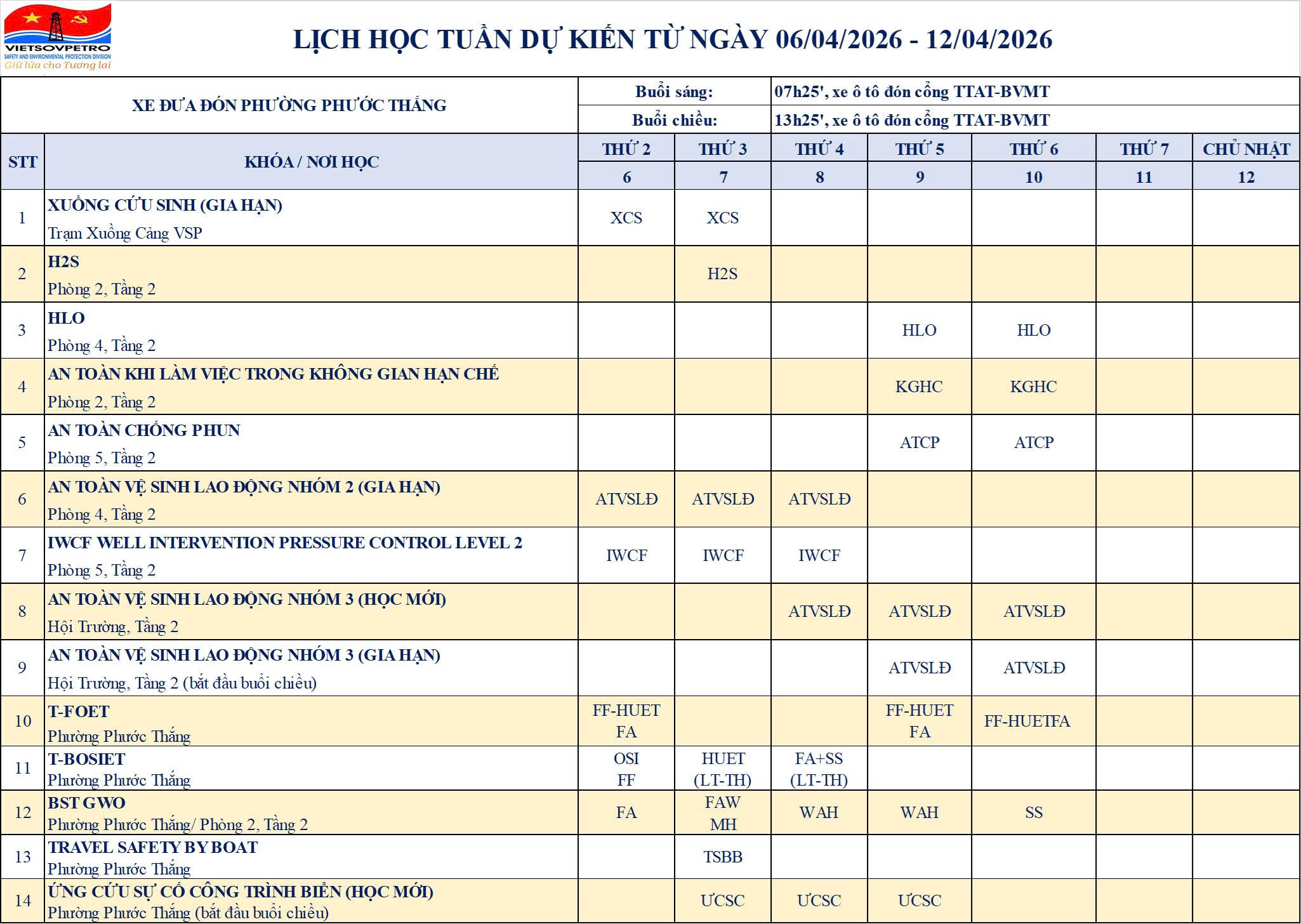 TTAT Vietsov - Trung tâm An toàn và Bảo vệ Môi trường Vietsovpetro Lịch đào tạo từ ngày 6.4.2026 đến 12.4.2026