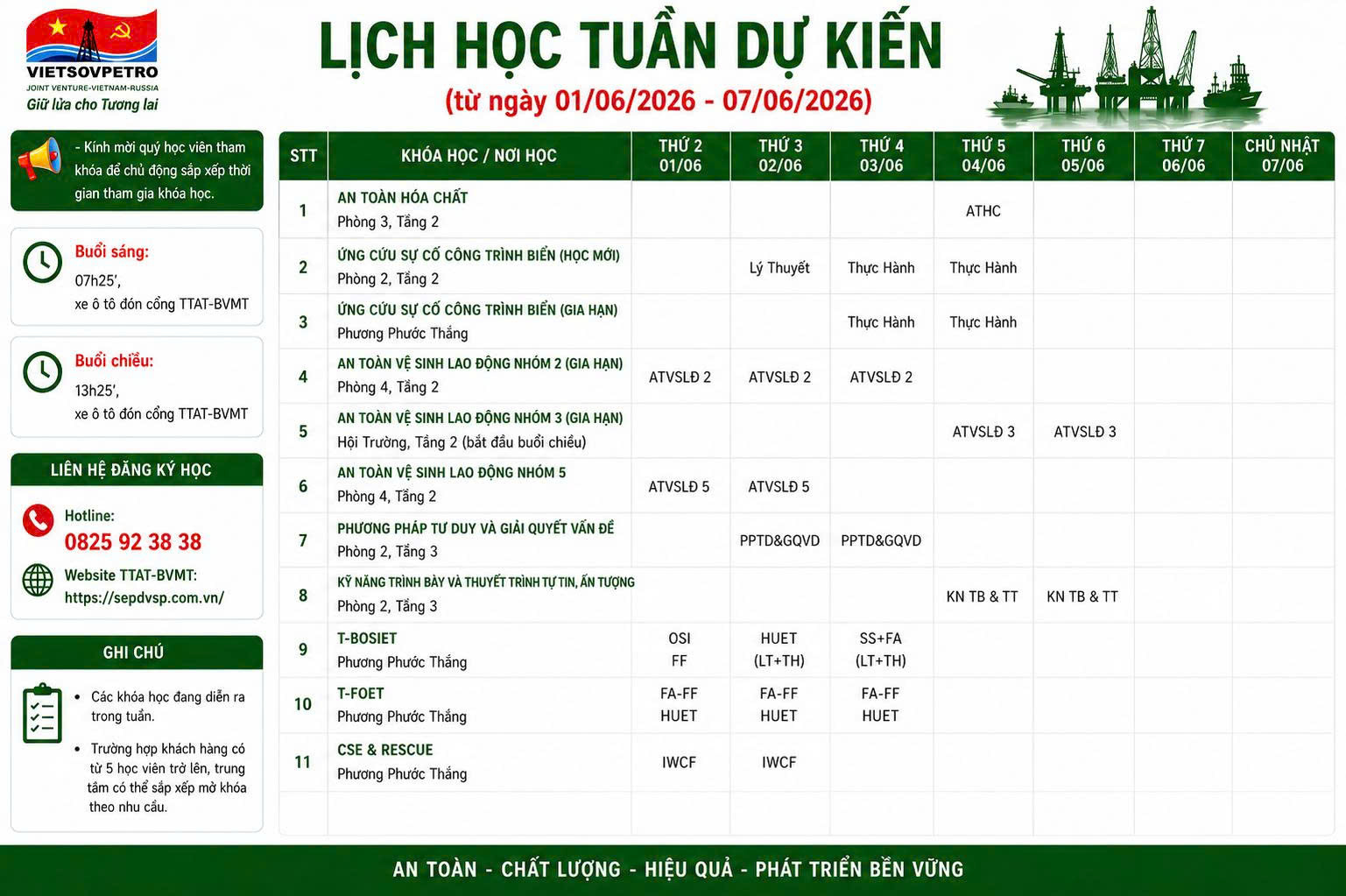 TTAT Vietsov - Trung tâm An toàn và Bảo vệ Môi trường Vietsovpetro Lịch đào tạo từ ngày 01.06.2026 đến 07.06.2026