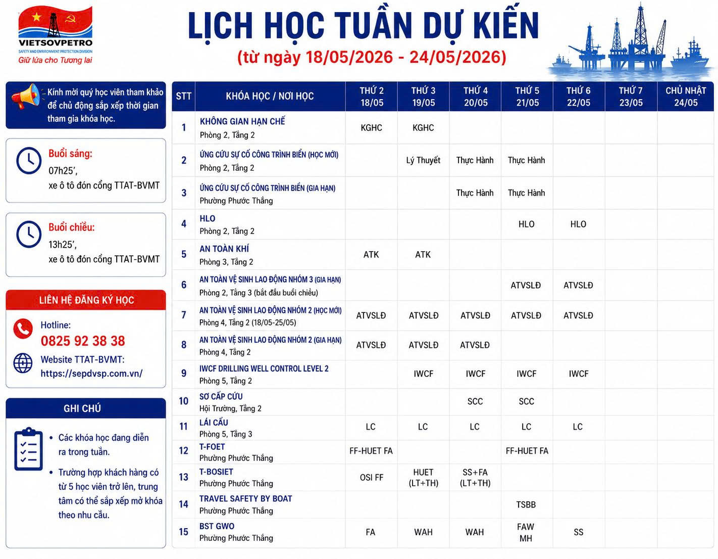 TTAT Vietsov - Trung tâm An toàn và Bảo vệ Môi trường Vietsovpetro Lịch đào tạo từ ngày 18.5.2026 đến 26.5.2026