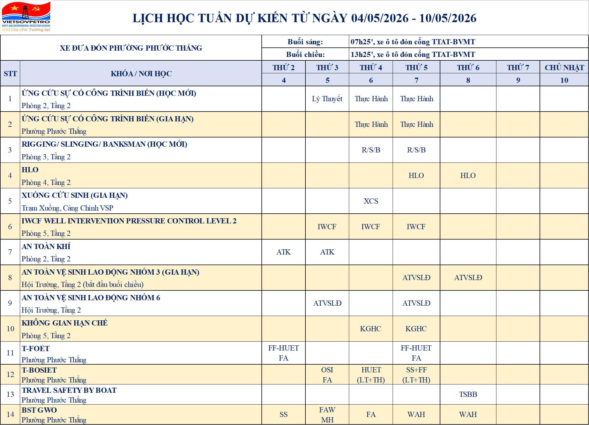 TTAT Vietsov - Trung tâm An toàn và Bảo vệ Môi trường Vietsovpetro Lịch đào tạo từ ngày 04.5.2026 đến 10.5.2026
