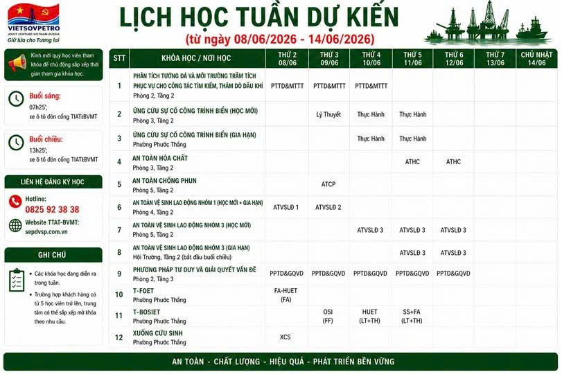 TTAT Vietsov - Trung tâm An toàn và Bảo vệ Môi trường Vietsovpetro Lịch đào tạo từ ngày 08.06.2026 đến 14.06.2026