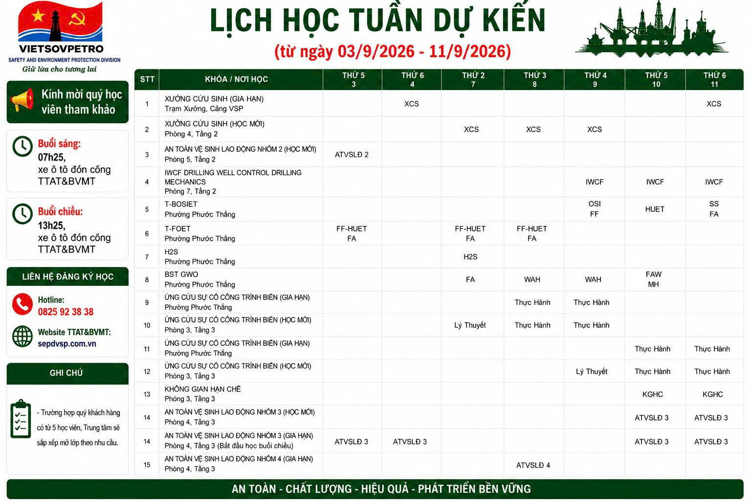 TTAT Vietsov - Trung tâm An toàn và Bảo vệ Môi trường Vietsovpetro Lịch đào tạo từ ngày 03.09.2026 đến 11.9.2026
