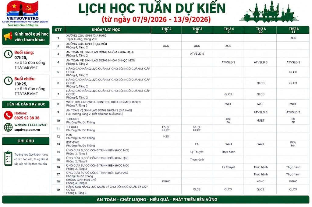 TTAT Vietsov - Trung tâm An toàn và Bảo vệ Môi trường Vietsovpetro Lịch đào tạo từ ngày 07.09.2026 đến 13.9.2026